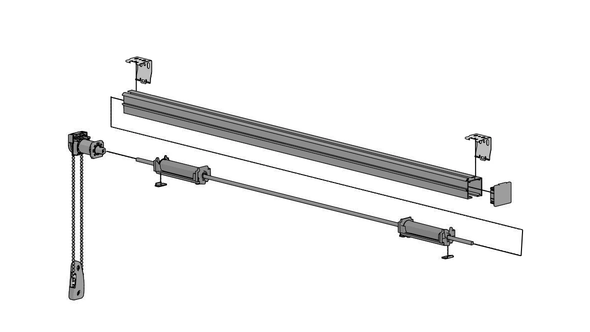 Exploded diagram of a roller blind showing the motor inside the tube, brackets and bottom rail