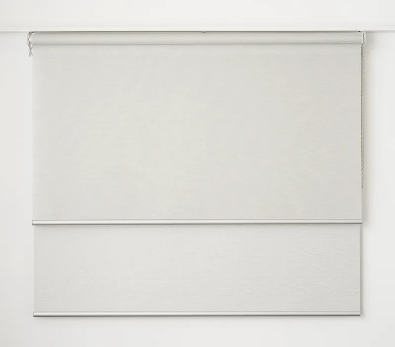 Double roller blind, white, front roll part-lowered over the fully lowered back roll, two base rails, bead chains on the right