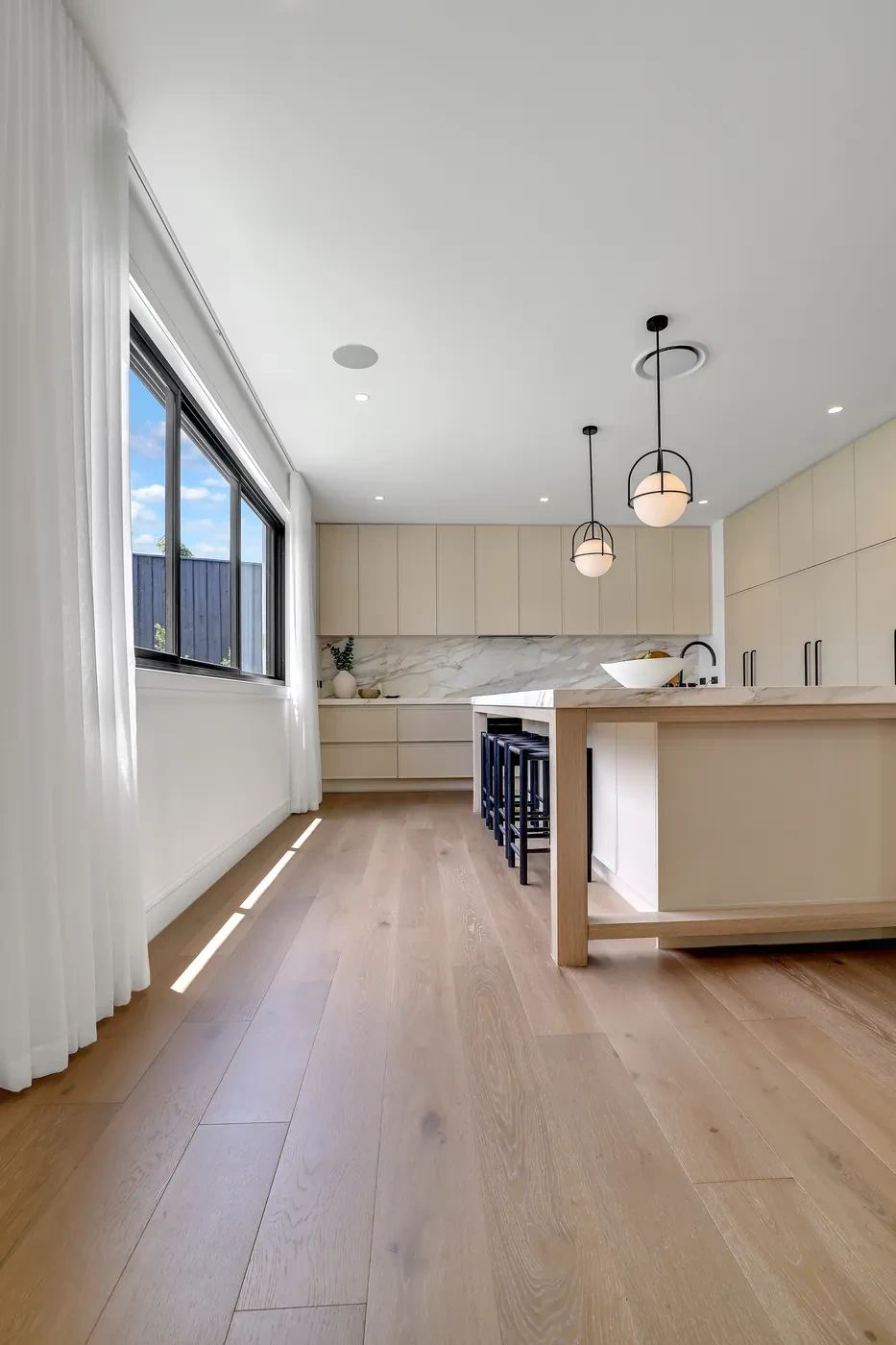 Kitchen island with sheer curtains Kitchen island with sheer curtains