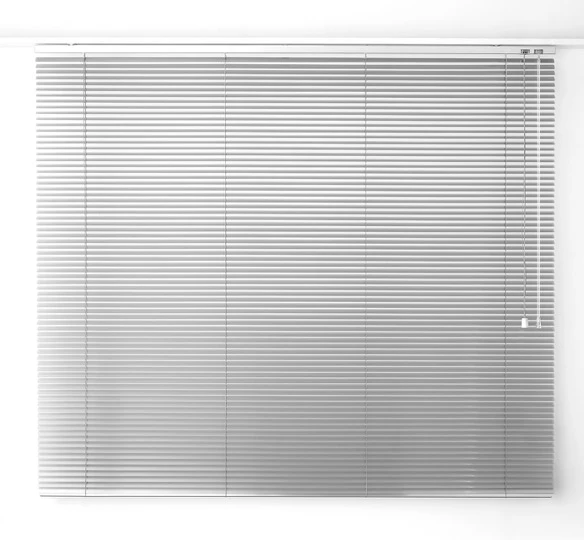 Silver 25 mm aluminium venetian blind, lowered with the slats open
