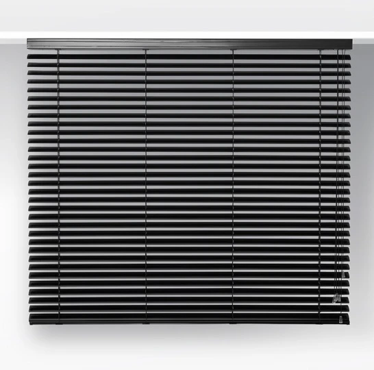 Black 50 mm aluminium venetian blind, slats closed (product photo)
