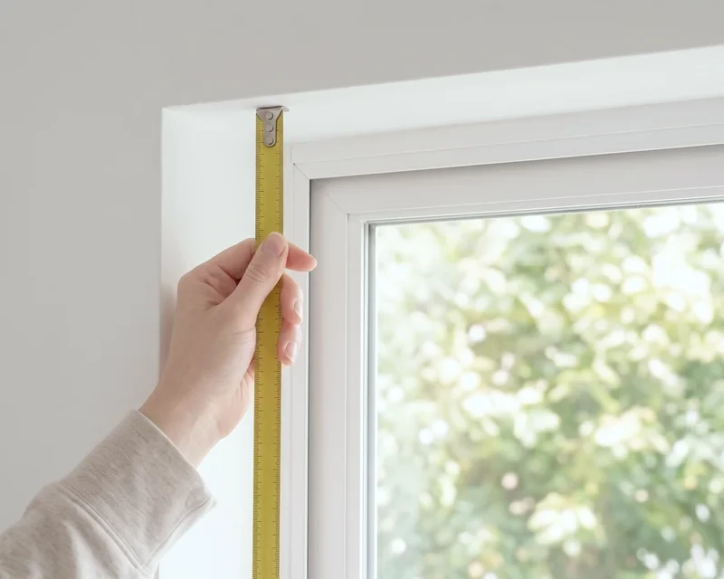 Hand holding a steel tape with its hook pushed up to the top of a window recess to measure the drop