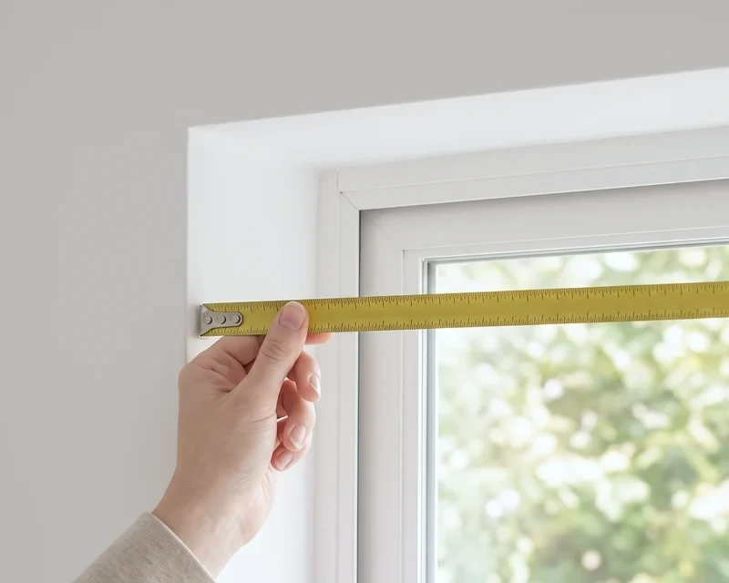 Hand holding a steel tape with its hook against the inside edge of a window recess to measure the width