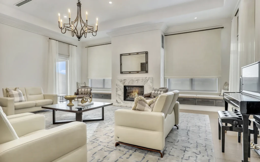 Blockout roller blinds in a formal living room, made to measure, Abercrombie Residence