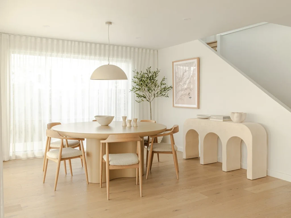 Sheer curtains in soft daylight behind a round dining table
