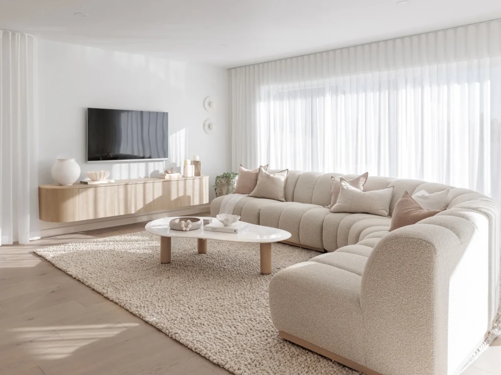 White S-fold sheer curtains drawn across a wall of windows in a bright lounge room