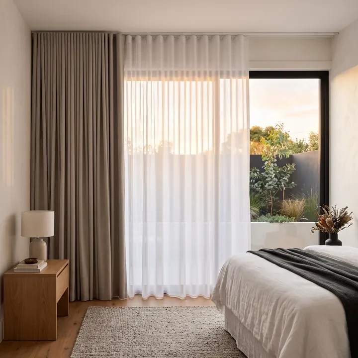 Double curtains: a sheer layer closed and a blockout layer stacked beside it