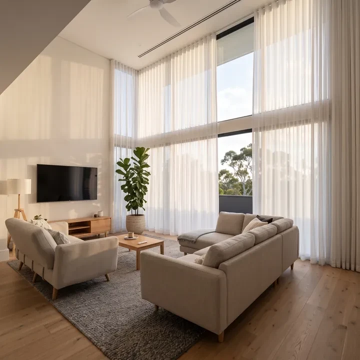 Sheer curtains gliding open on a motorised track in a double-height room