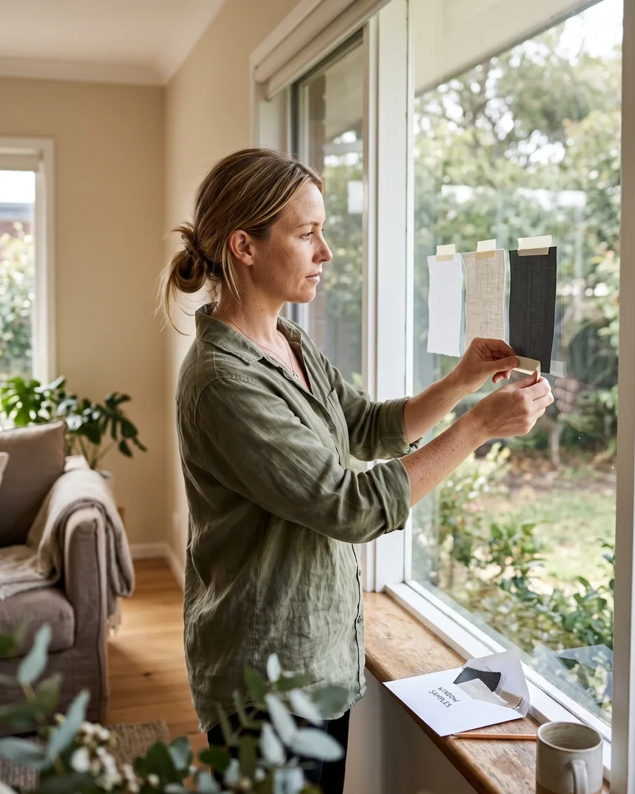 Taping three fabric samples to a living-room window to compare them in daylight