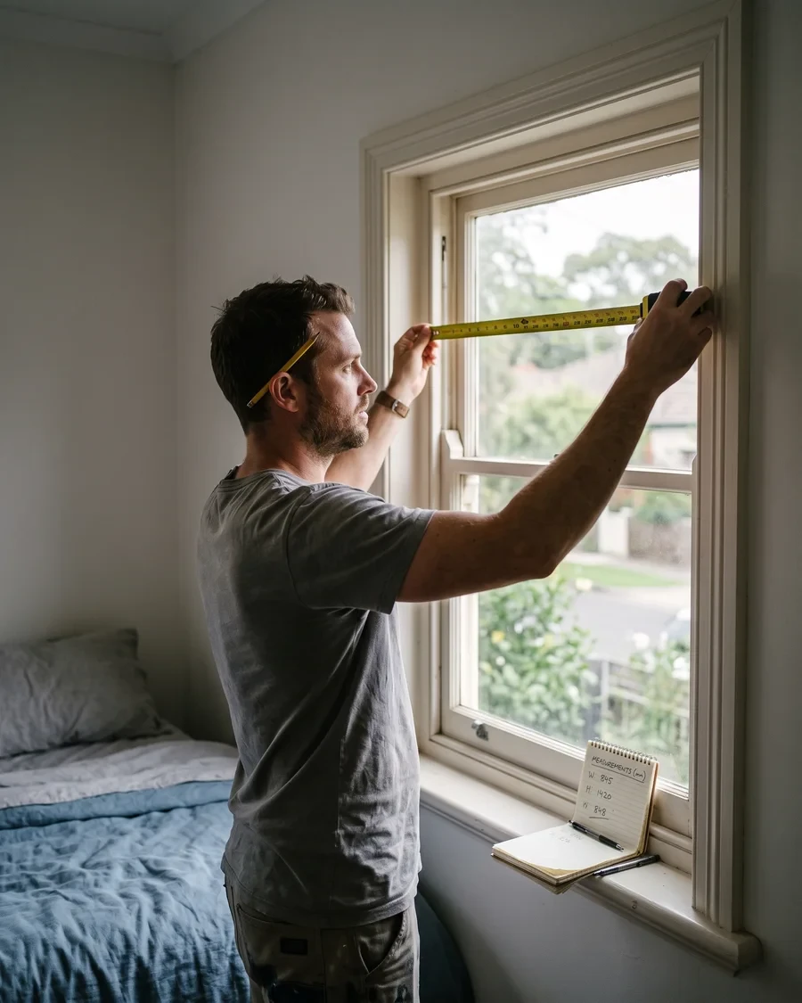 Measuring the width of a bedroom window recess with a steel tape