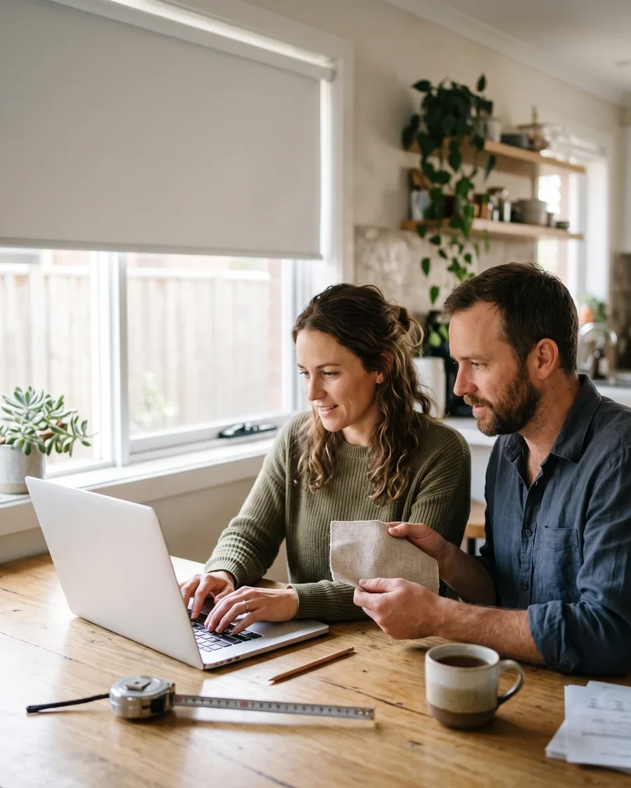 A couple entering their window sizes into the online configurator at the kitchen table, fabric sample in hand