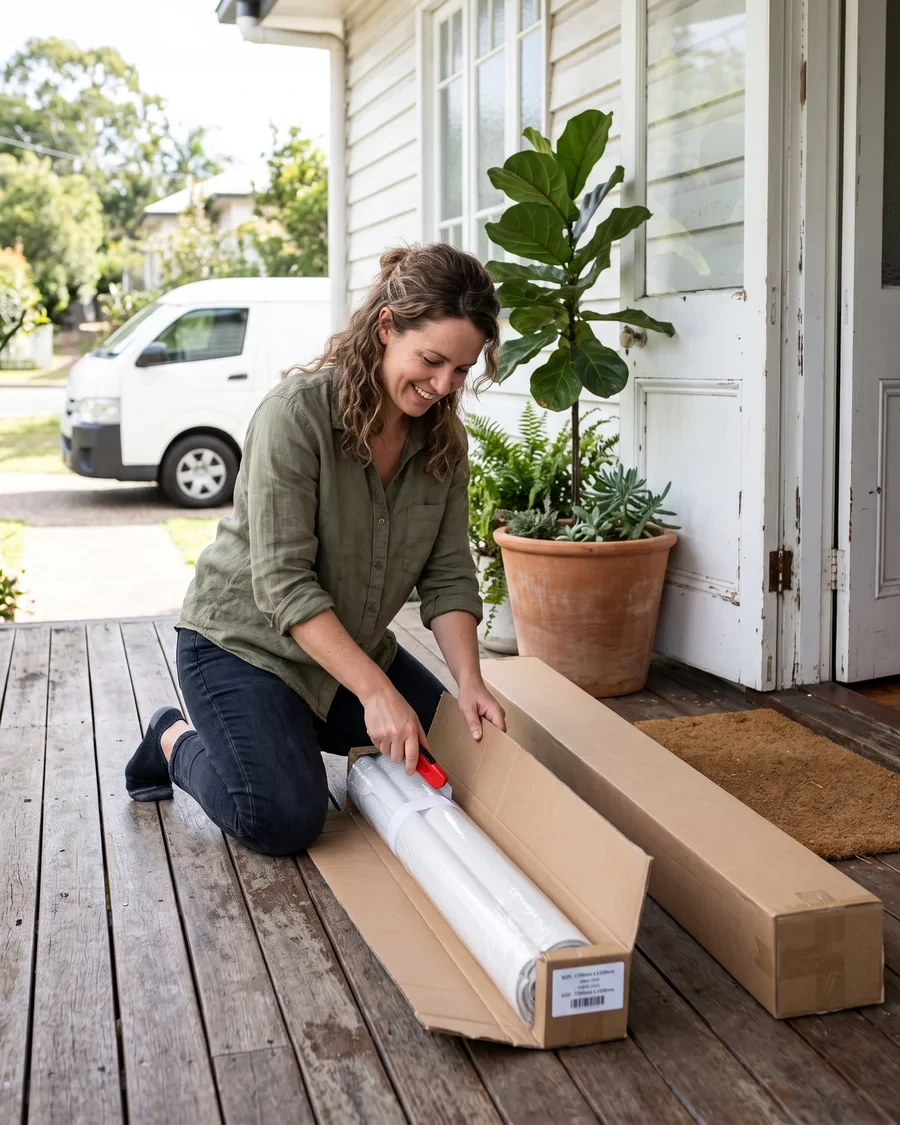 Opening the delivery box with a made-to-measure roller blind at the front door
