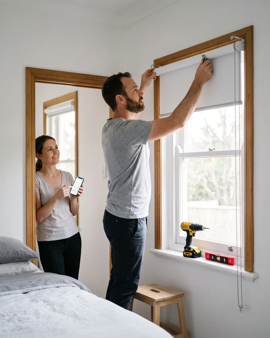 Clipping a roller blind into its brackets above a bedroom window, install video open on a phone