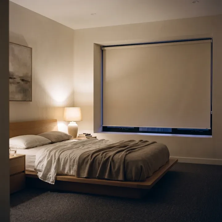 Ivory blockout roller blind fully lowered in a dim bedroom at dusk