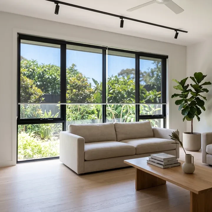 Charcoal sunscreen roller blinds on lounge room windows with the garden visible through the mesh