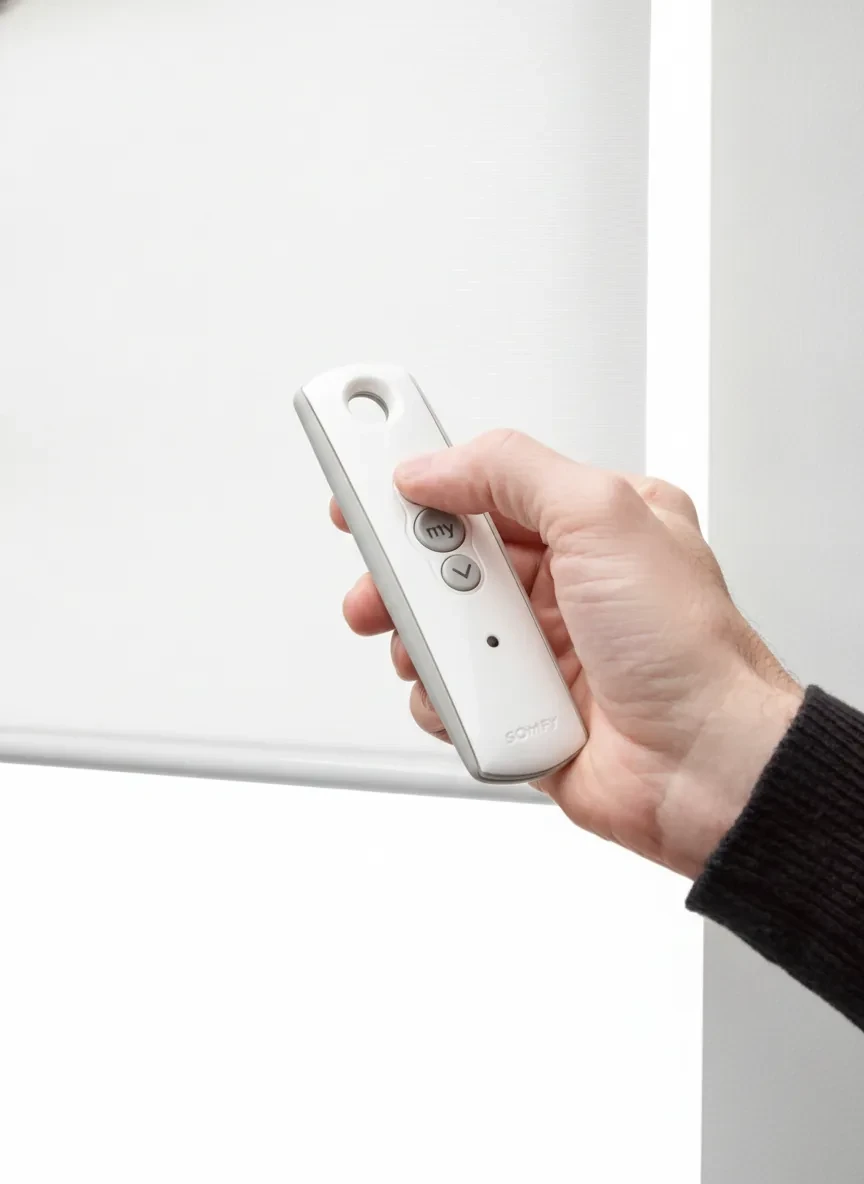 Hand holding a Somfy remote in front of a white motorised roller blind (studio photo)