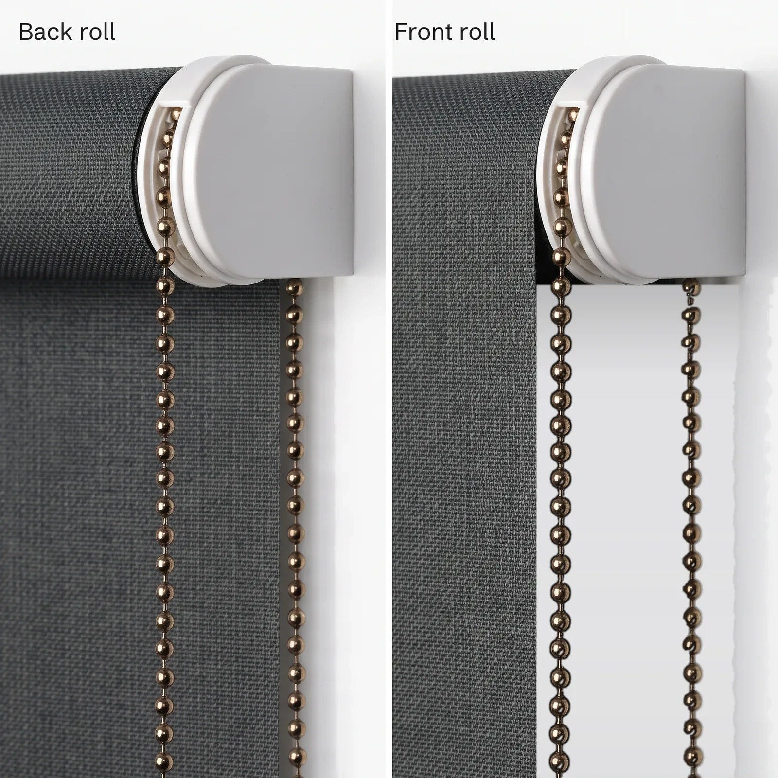 Side-by-side close-up of a charcoal roller blind in back roll and front roll, showing the fabric leaving the tube from behind or in front