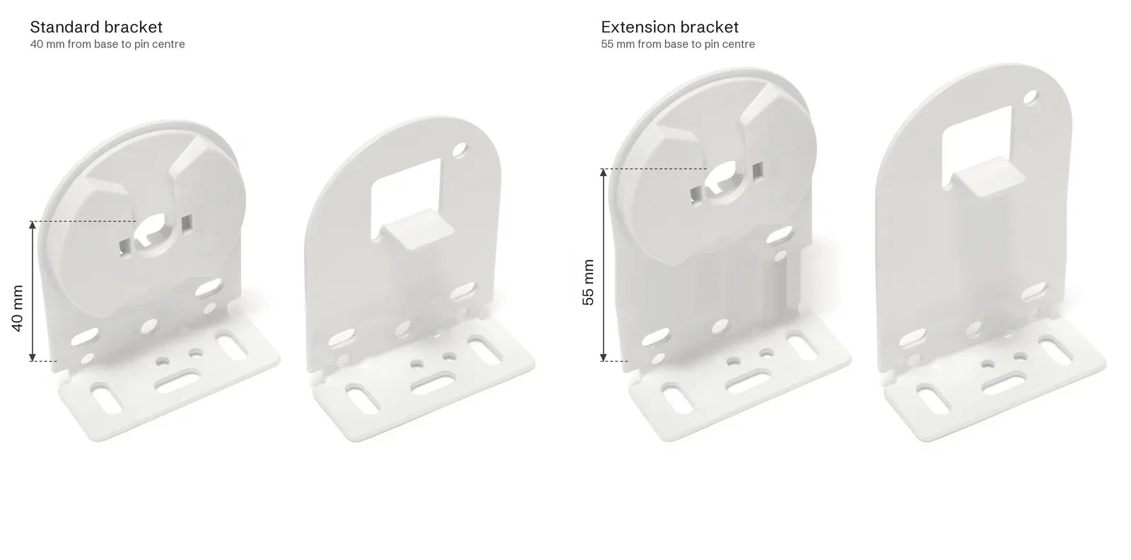 A standard 40mm roller blind bracket next to a 55mm extension bracket