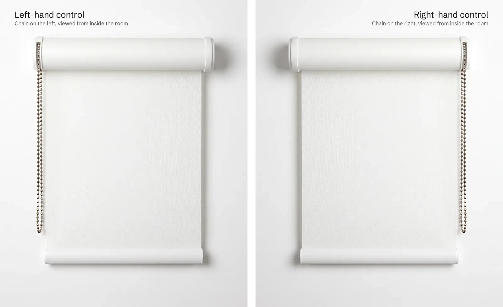 Two white roller blinds side by side, one with the chain on the left, one with the chain on the right