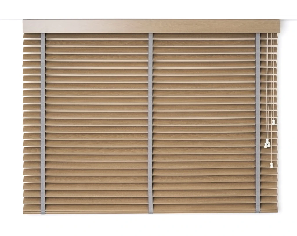 Purewood 50 mm timber venetian blind on a plain wall, flat timber fascia, cords on the right