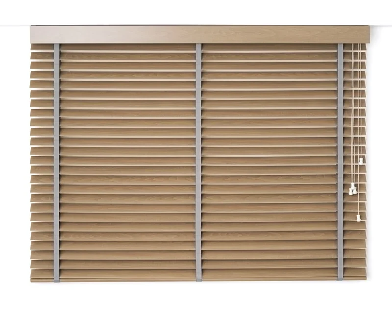 Purewood 50 mm timber venetian blind on a plain wall, flat timber fascia, cords on the right