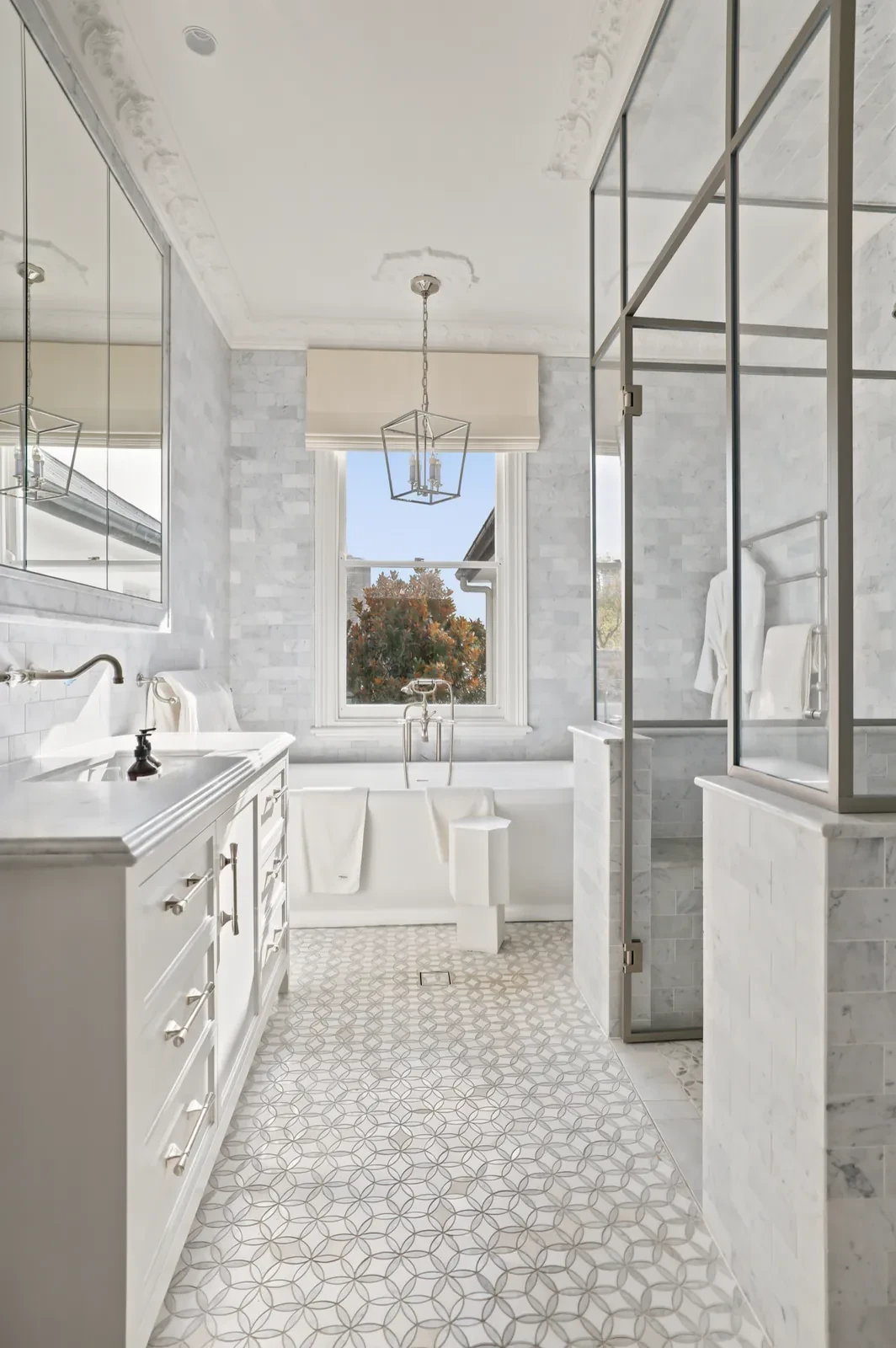 Ensuite with a roman blind over the window