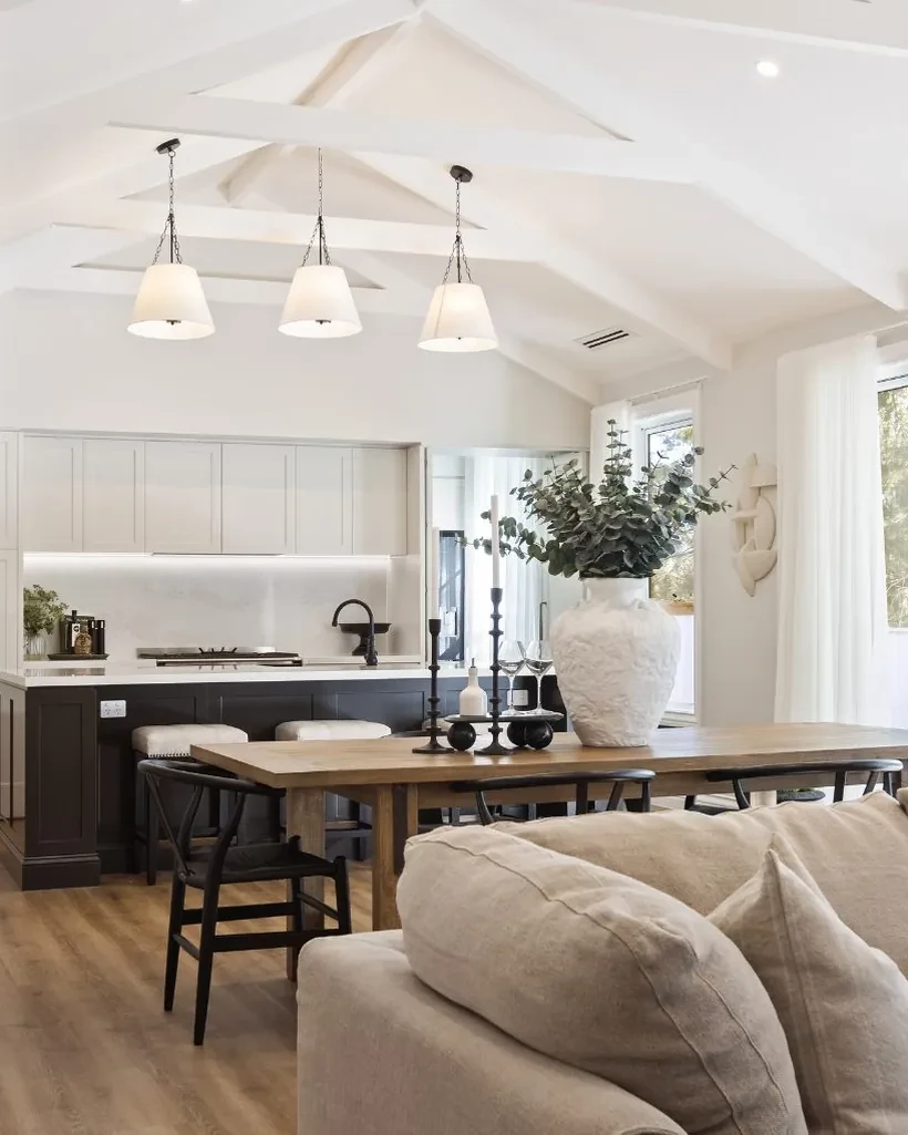 Kitchen and dining in the Ashbourne display home, with Vevey Vanilla sheer curtains on the windows